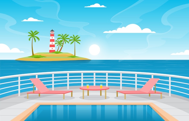 Piscina de paisaje de mar océano en ilustración de cubierta de crucero