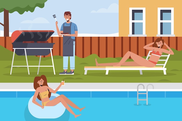 Vector piscina y parrilla de vacaciones