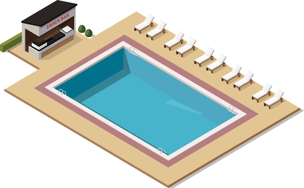 Piscina pública isométrica con un pequeño snack bar