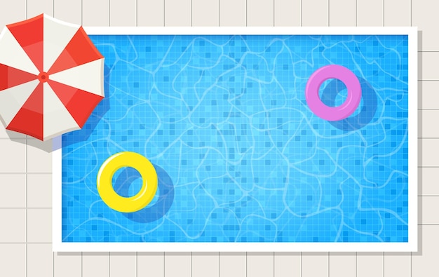 Piscina de verano con sombrilla y dos anillos de natación en el agua Vista superior ilustración vectorial atrás