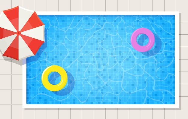 Vector piscina de verano con sombrilla y dos anillos de natación en el agua vista superior ilustración vectorial atrás