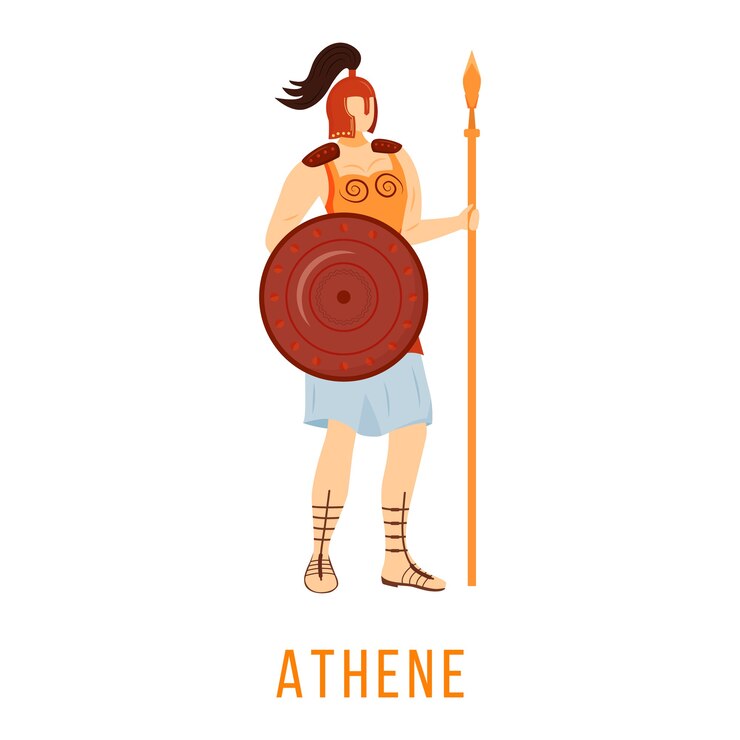 Piso de Atenas. Deidad griega antigua. Diosa de la sabiduría y el coraje. Mitología. Figura mitológica divina. Personaje de dibujos animados aislado sobre fondo blanco.