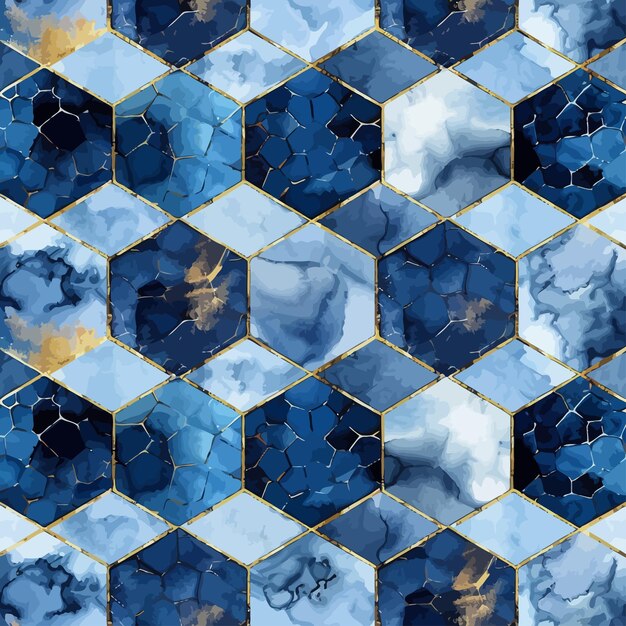 un piso de azulejos azules y blancos con un diseño azul y amarillo