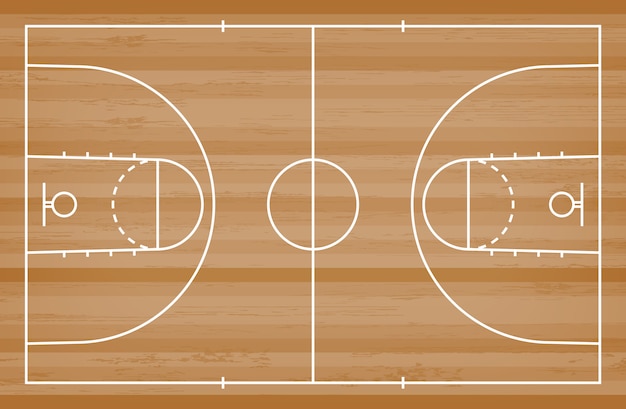 Piso de la cancha de básquet con la línea modelo en el fondo de madera.