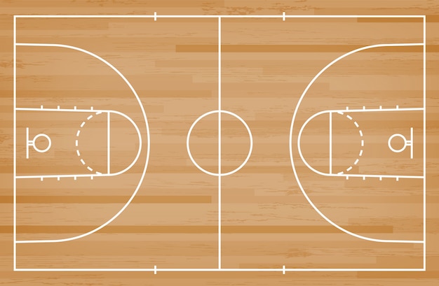 Piso de la cancha de básquet con la línea modelo en el fondo de madera.