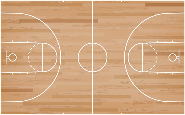 Piso de la cancha de básquet con la línea modelo en el fondo de madera.
