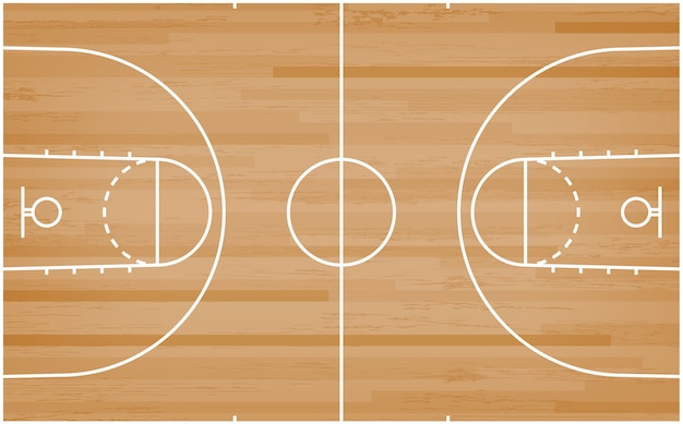 Piso de la cancha de básquet con la línea modelo en el fondo de madera.