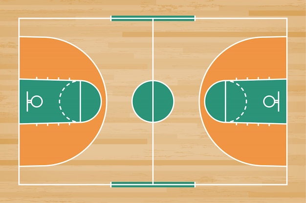 Piso de la cancha de básquet con la línea modelo en el fondo de madera.