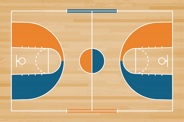 Piso de la cancha de básquet con la línea modelo en el fondo de madera.