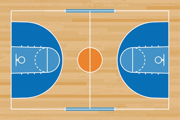 Piso de la cancha de básquet con la línea modelo en el fondo de madera.