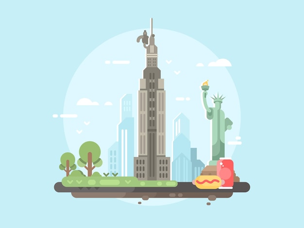 Vector piso de la ciudad de nueva york. estatua del monumento de la libertad. ilustración vectorial