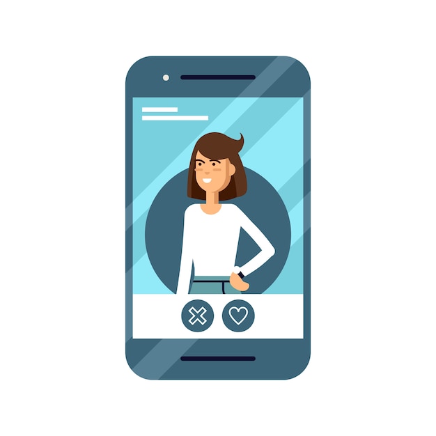 Piso fresco en la aplicación en línea de usuarios de citas. Teléfono con pantalla de sitio web de citas con varios iconos alrededor.