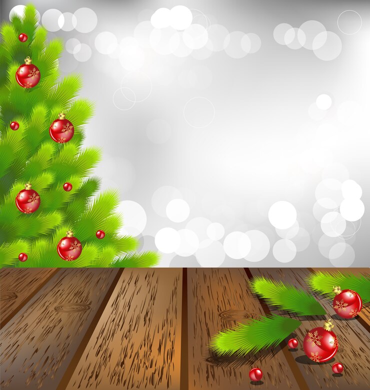Vector piso de madera con árbol de navidad sobre fondo bokeh