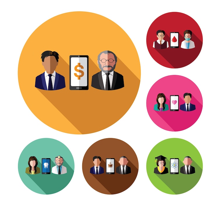 Vector piso moderno conectando personas con iconos móviles establecidos
