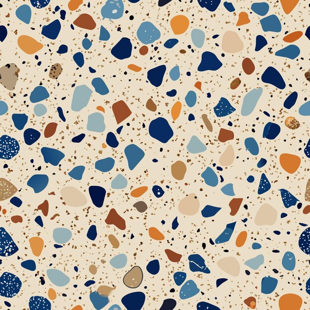 El piso de terrazo tiene un patrón vectorial sin costuras, una textura de mosaico de terrazo italiano y una impresión sin costuras de terrazo.