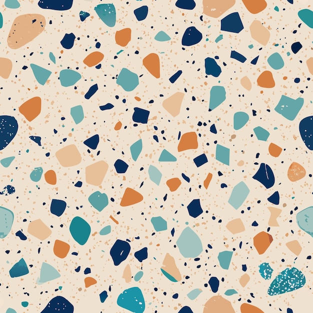 El piso de terrazo tiene un patrón vectorial sin costuras, una textura de mosaico de terrazo italiano y una impresión sin costuras de terrazo.