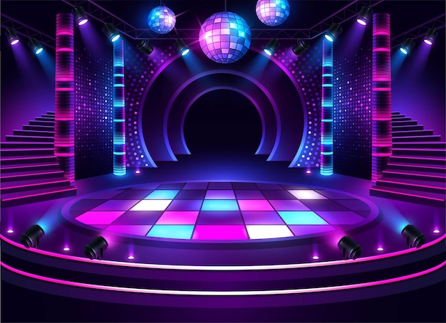 La pista de baile colorida, el escenario musical, el espectáculo de discoteca comienzan con la iluminación y la audiencia.