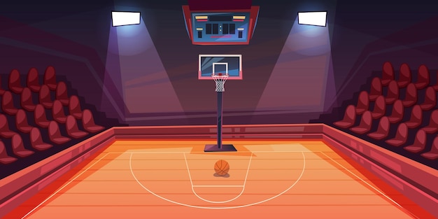 Pista de baloncesto con asientos para espectadores, anillo y baloncestos, patio de recreo vacío, campo de deportes, competición y torneo, fondo del estadio, tablero electrónico de puntuación de juego por equipos, concepto vectorial.