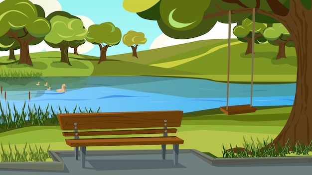 Pista para caminar en el parque. Banco de madera en la orilla del río