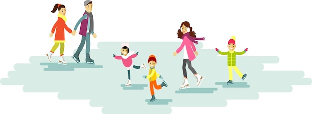 Pista de hielo en la ciudad con niños de patinaje sobre hielo en estilo plano