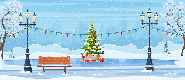 Pista de hielo de Navidad con abeto decorado con iluminación Lugar público vacío en el parque para patinar paisaje congelado de dibujos animados escena de parque de día de invierno Ilustración vectorial en estilo plano