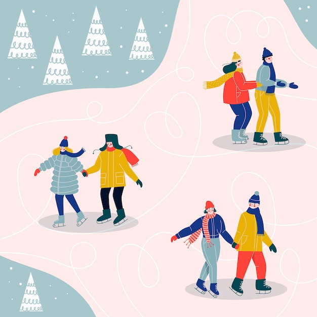 Vector pista de hielo con parejas felices. personas patinando sobre hielo.