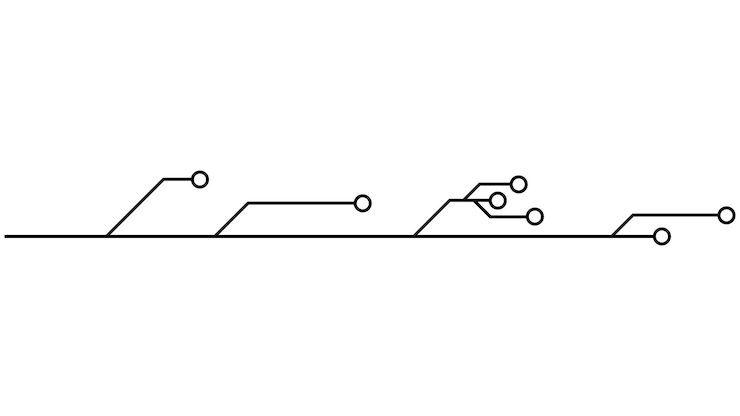 Vector pistas de pcb de placa de circuito impreso aisladas en fondo blanco imágenes prediseñadas técnicas con líneas y anillos en los extremos divisores para diseño elemento de diseño vectorial