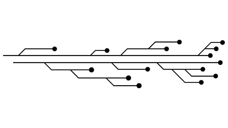 Vector pistas de pcb de placa de circuito impreso aisladas sobre fondo blanco gráfico técnico con líneas y puntos en los extremos divisores para el diseño elemento de diseño