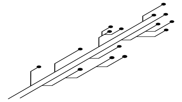 Pistas de PCB de placa de circuito impreso isométrica aisladas sobre fondo blanco Clipart técnico con líneas y puntos en los extremos Elemento de diseño