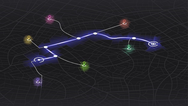 Vector pistas de ubicación. las calles de la ciudad enrutan los datos de la distancia, los giros de la ruta y la etiqueta o marca de destino. isométrica