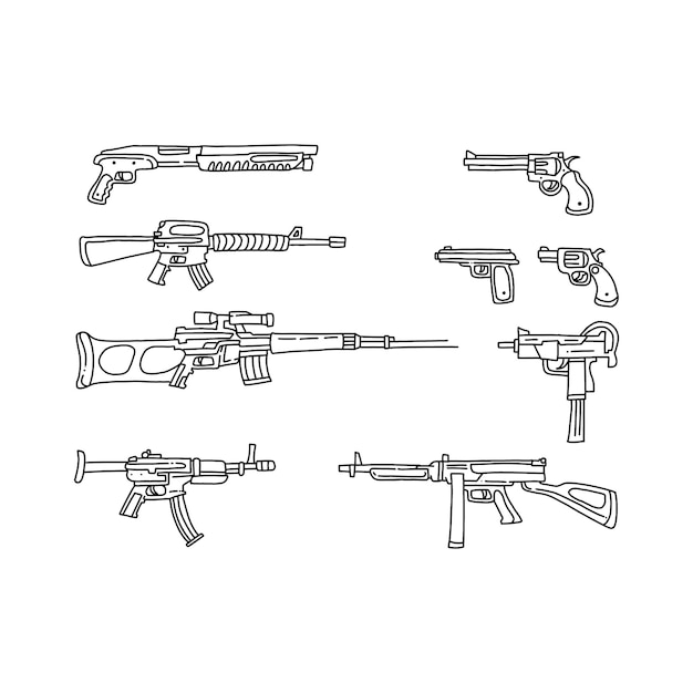 pistola armas handrawn doodle ilustraciones vector conjunto