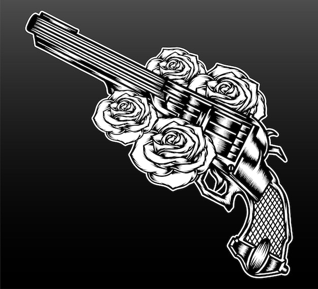 Vector pistola blanco negro con rosa aislado en negro