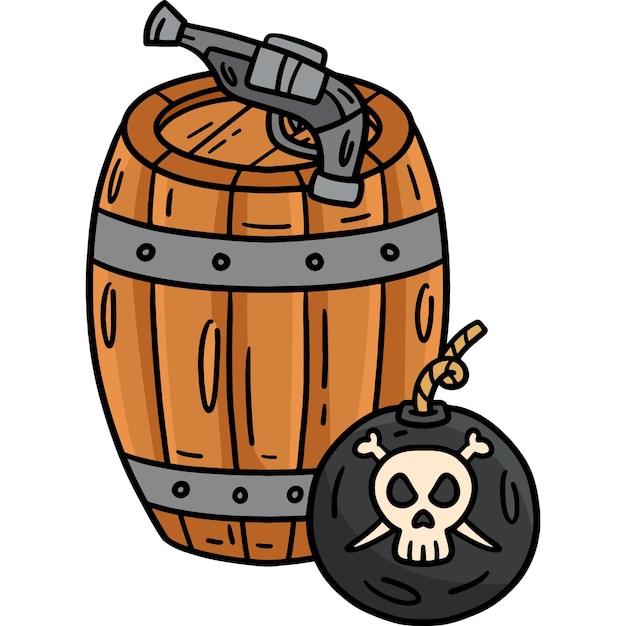 Pistola de bomba pirata y clip de dibujos animados de barril