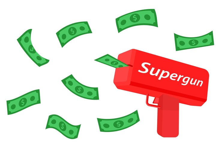 Vector una pistola de dinero dispara billetes en el aire una ametralladora de dinero la pistola roja se dispara en el aire con verde