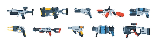Pistola de juego futurista de dibujos animados Comic retro alien space blasters armas láser pistola gadget resumen ufo ficción pistola para niños colección de vectores