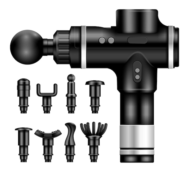 Pistola de masaje de tejido profundo con diferentes boquillas conjunto realista aislado en la ilustración de vector de fondo blanco