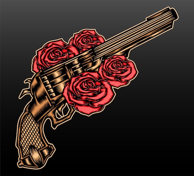 Pistola de oro con rosa aislado en negro