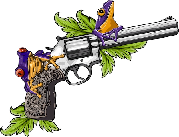 pistola con permiso y rana sobre fondo blanco diseño vectorial dibujo digital a mano