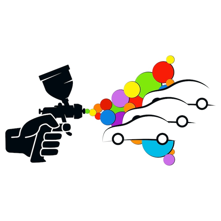 Vector pistola de pulverización en silueta de coche de mano con pintura de color