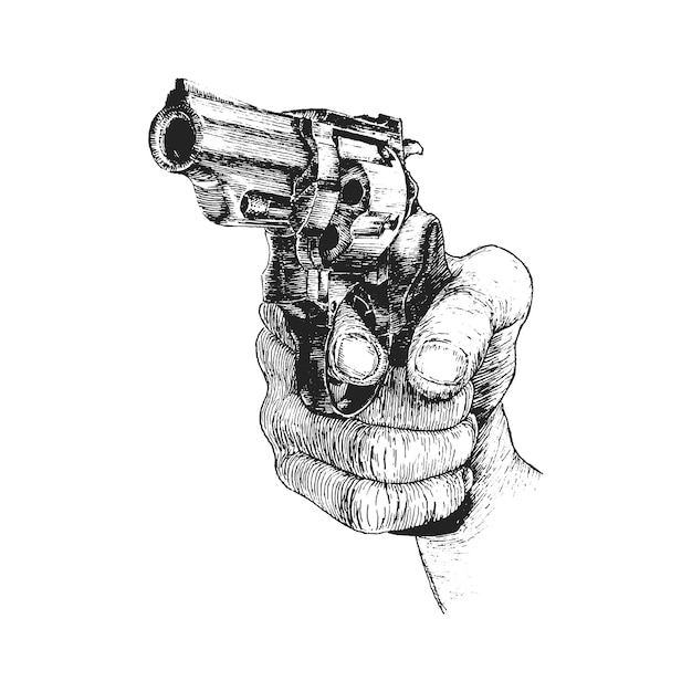 Pistola de revólver en la mano boceto en vector ilustración dibujada a mano en estilo de grabado