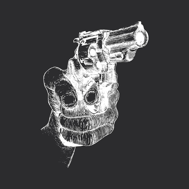 Pistola de revólver en la mano boceto en vector ilustración dibujada a mano en estilo de grabado