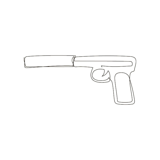 Pistola con silenciador dibujo de línea continua Una línea de arte de arma pistola de gas armas de fuego armas