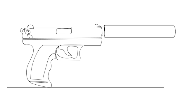 Pistola con silenciador, dibujo de una línea, vector