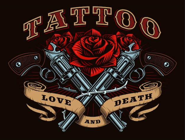 Pistolas y rosas, tatuaje, ilustración