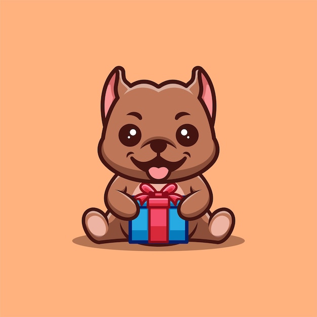 Pitbull sentado caja de regalo cute creative kawaii cartoon mascot logo