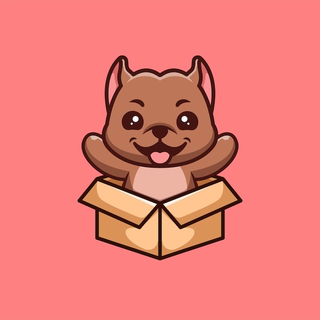 Pitbull sentado fuera de la caja lindo logotipo creativo de la mascota de dibujos animados kawaii