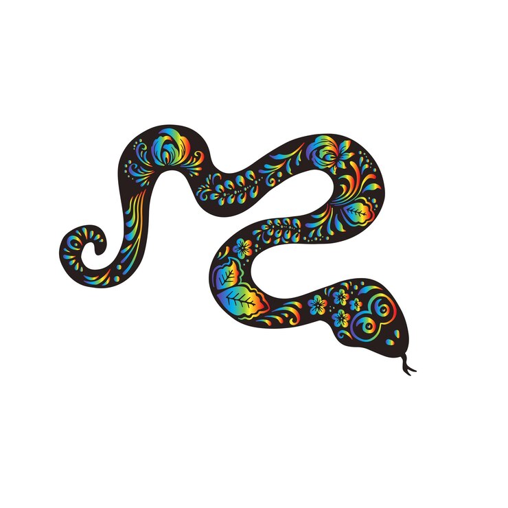 Vector pitón de serpiente negra con vector floral de pintura de arco iris