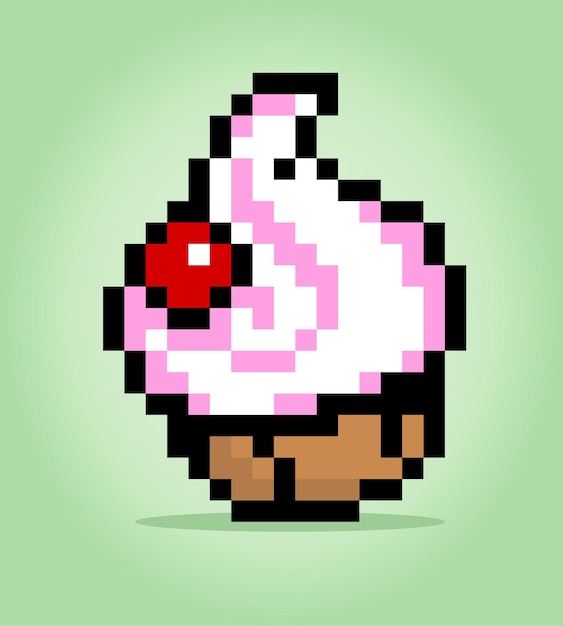 Pixel 8 bit cupcake platos de comida en ilustraciones vectoriales