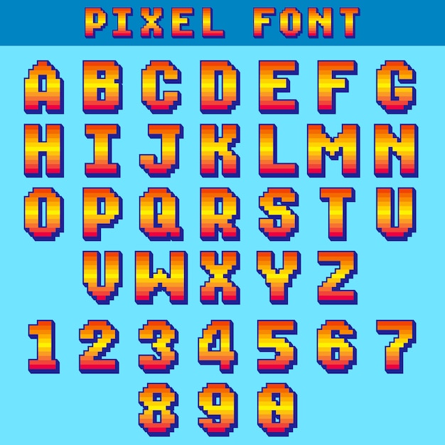 Vector pixel 8 bit letras y números vector juego fuente