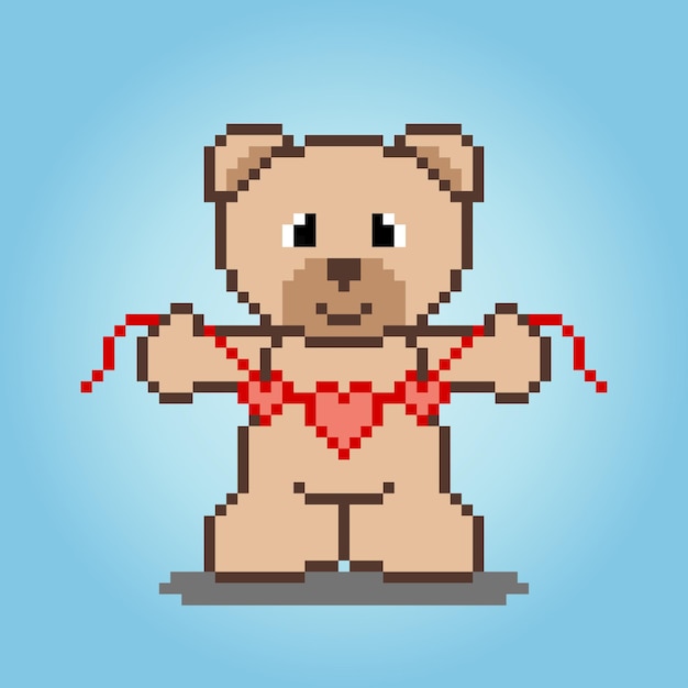 Pixel 8 bit lindo oso con colgador de corazón activos de juegos de animales en ilustración vectorial